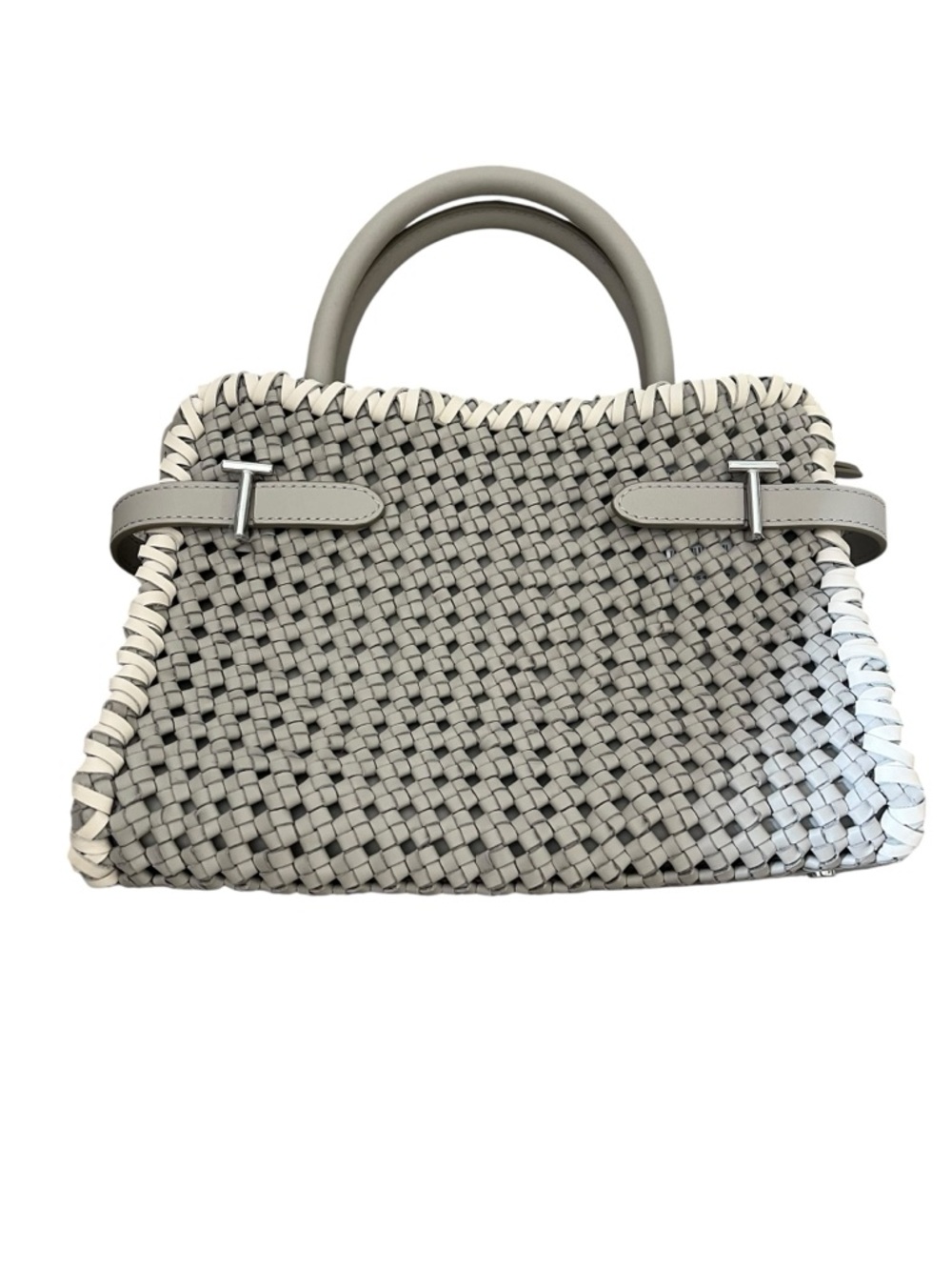 Woven Top-Handle Satchel in Light Gray and Cream
